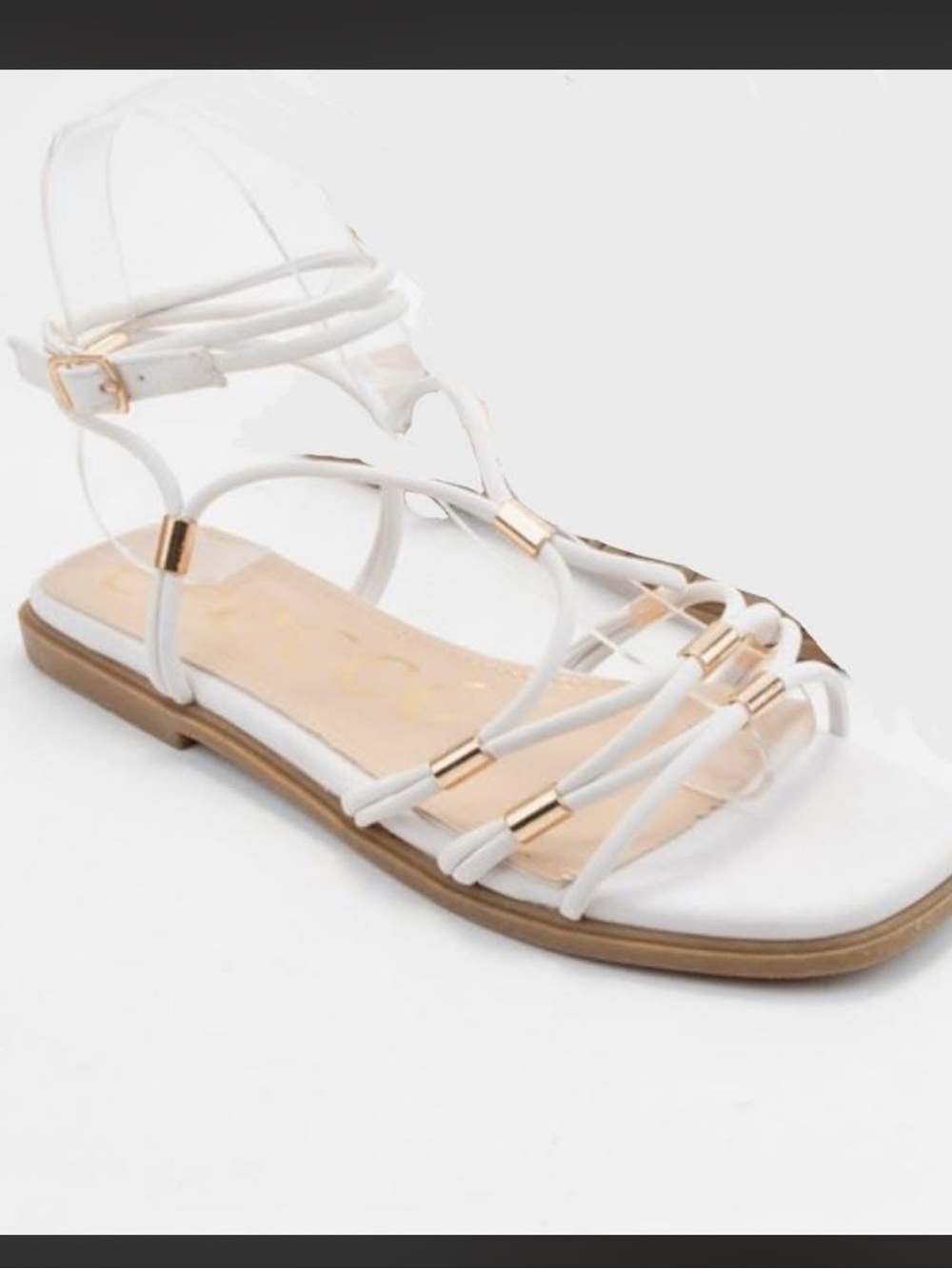 CCOCCI White Strappy Flat Ankle-Tie Sandals with Gold Accents. New Summer 2026